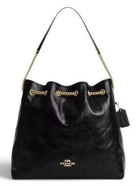 Coach Evelyn Black Quilted Leather Drawstring Shoulder Bag with Gold Chain